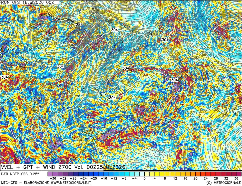 mappa 700 hPa Velocità verticiali + GPT + Vento