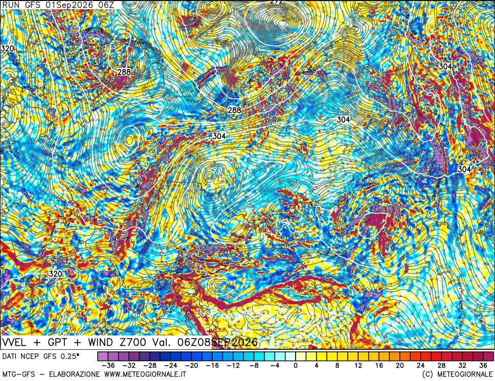 mappa 700 hPa Velocità verticiali + GPT + Vento