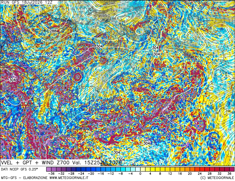 mappa 700 hPa Velocità verticiali + GPT + Vento