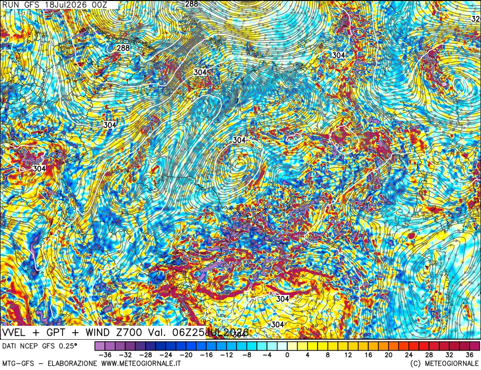 mappa 700 hPa Velocità verticiali + GPT + Vento