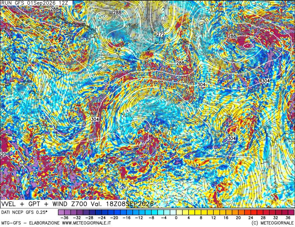 mappa 700 hPa Velocità verticiali + GPT + Vento