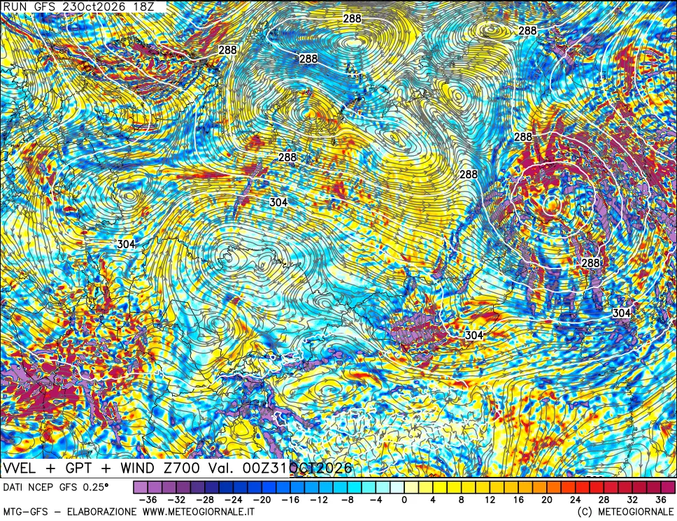 mappa 700 hPa Velocità verticiali + GPT + Vento