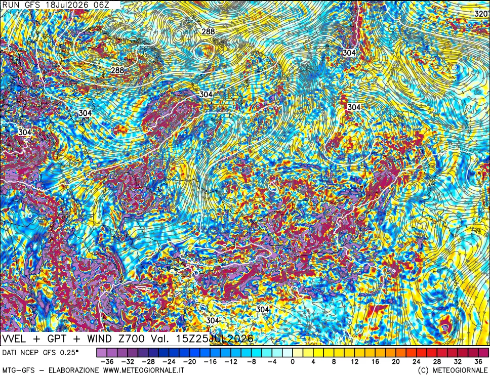 mappa 700 hPa Velocità verticiali + GPT + Vento