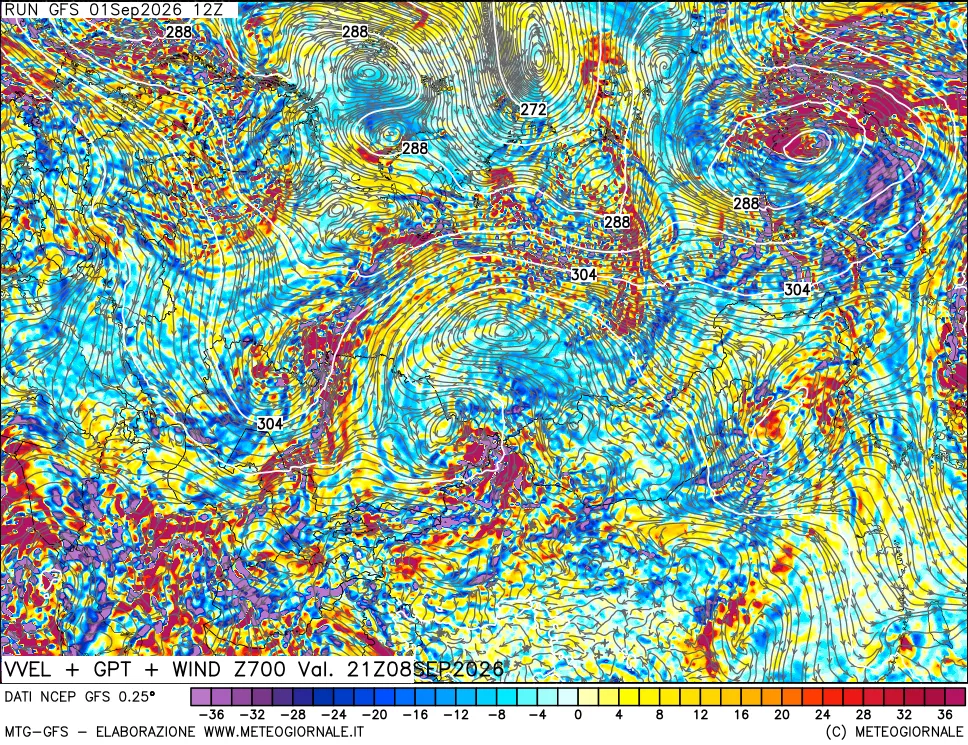 mappa 700 hPa Velocità verticiali + GPT + Vento