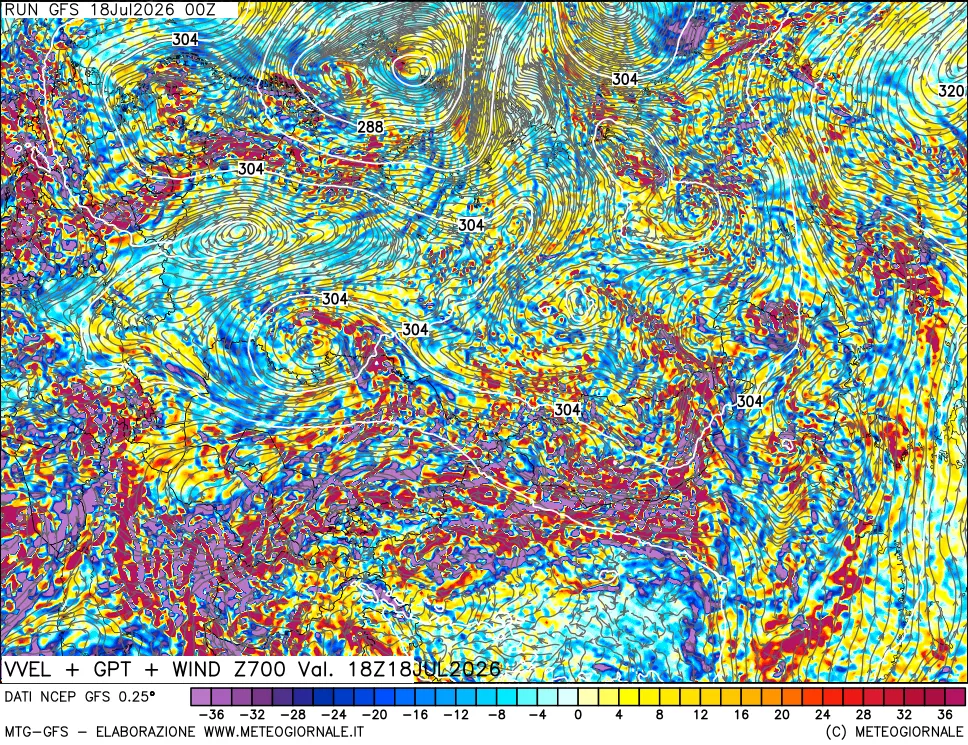 mappa 700 hPa Velocità verticiali + GPT + Vento