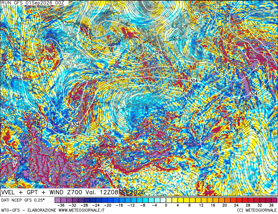 mappa 700 hPa Velocità verticiali + GPT + Vento