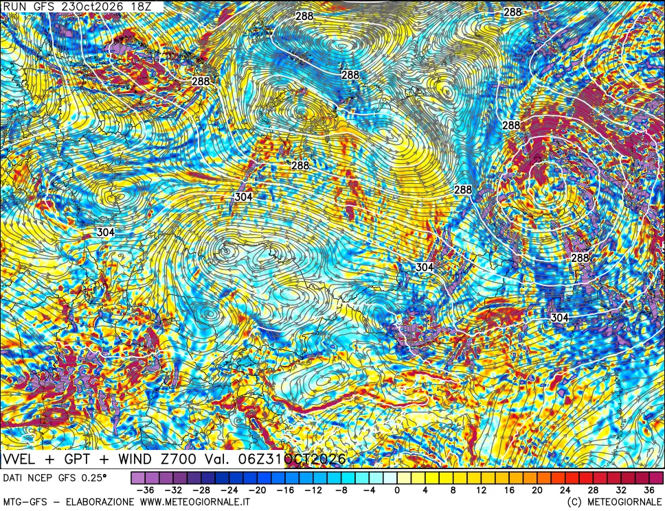 mappa 700 hPa Velocità verticiali + GPT + Vento