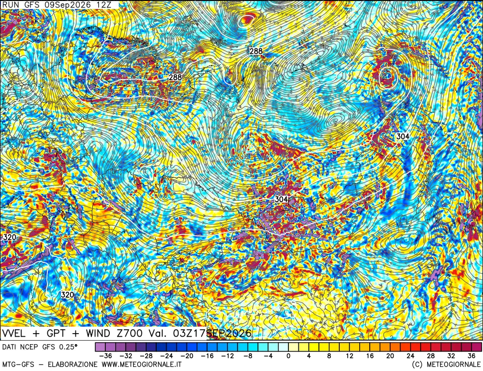 mappa 700 hPa Velocità verticiali + GPT + Vento