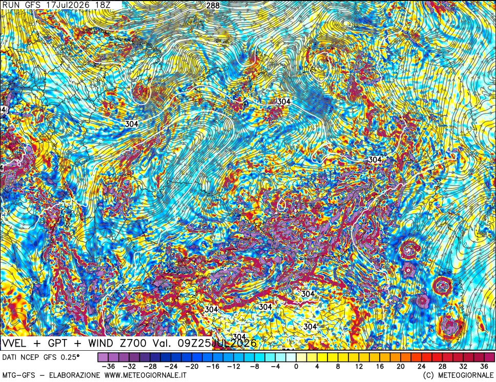 mappa 700 hPa Velocità verticiali + GPT + Vento
