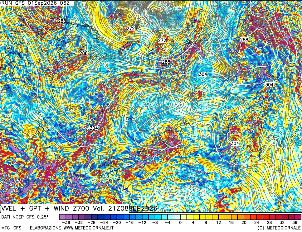 mappa 700 hPa Velocità verticiali + GPT + Vento