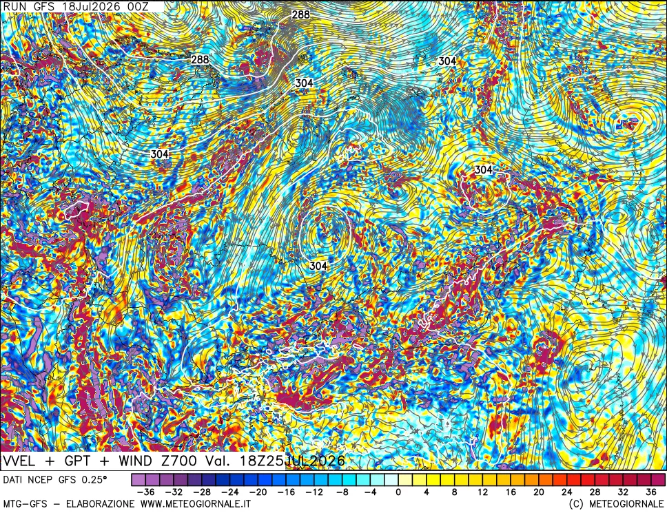 mappa 700 hPa Velocità verticiali + GPT + Vento