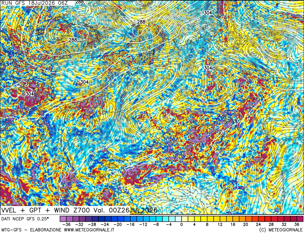 mappa 700 hPa Velocità verticiali + GPT + Vento