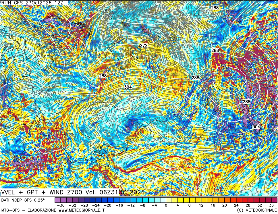 mappa 700 hPa Velocità verticiali + GPT + Vento