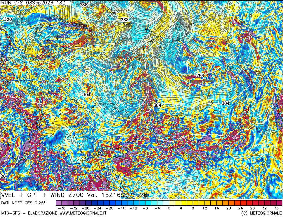 mappa 700 hPa Velocità verticiali + GPT + Vento