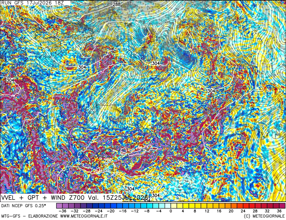 mappa 700 hPa Velocità verticiali + GPT + Vento