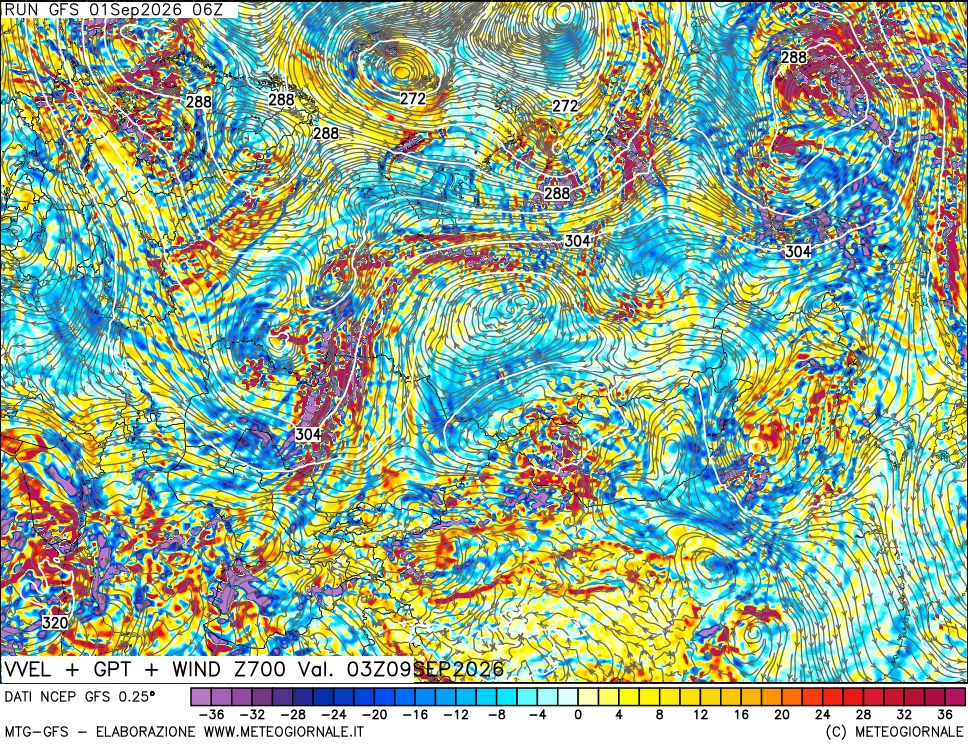 mappa 700 hPa Velocità verticiali + GPT + Vento