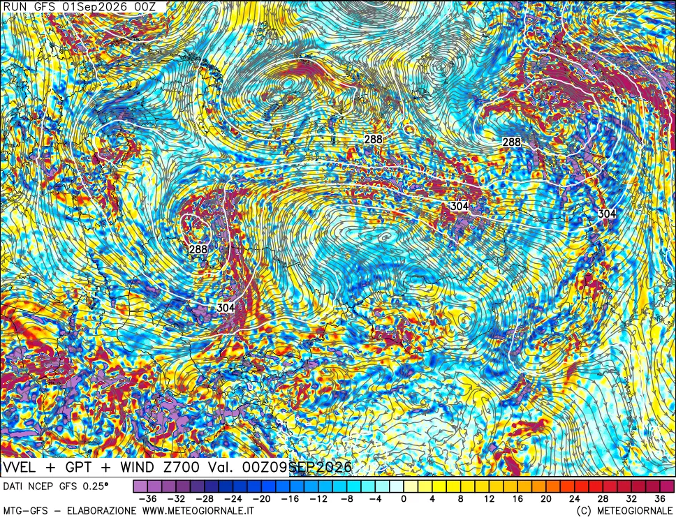 mappa 700 hPa Velocità verticiali + GPT + Vento