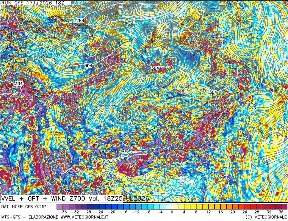 mappa 700 hPa Velocità verticiali + GPT + Vento