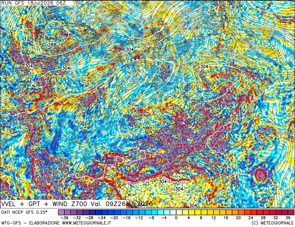 mappa 700 hPa Velocità verticiali + GPT + Vento