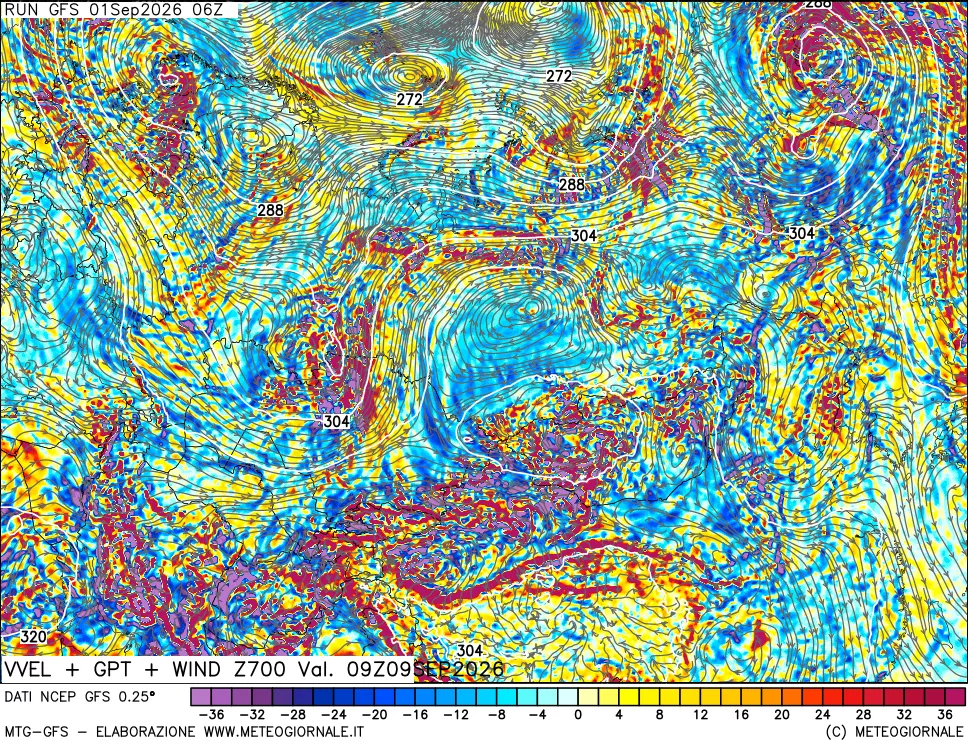 mappa 700 hPa Velocità verticiali + GPT + Vento