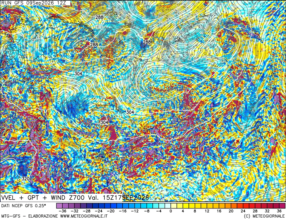 mappa 700 hPa Velocità verticiali + GPT + Vento