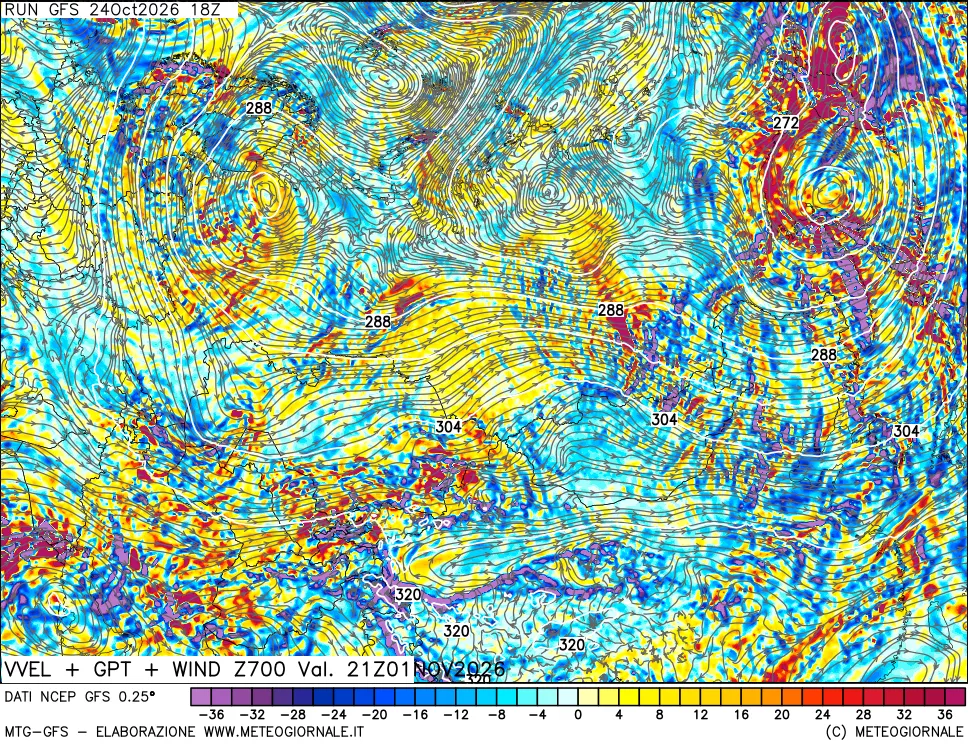 mappa 700 hPa Velocità verticiali + GPT + Vento