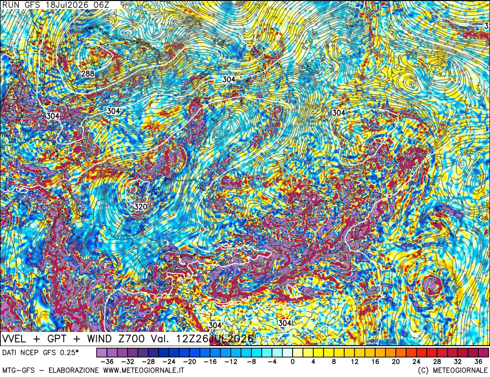 mappa 700 hPa Velocità verticiali + GPT + Vento