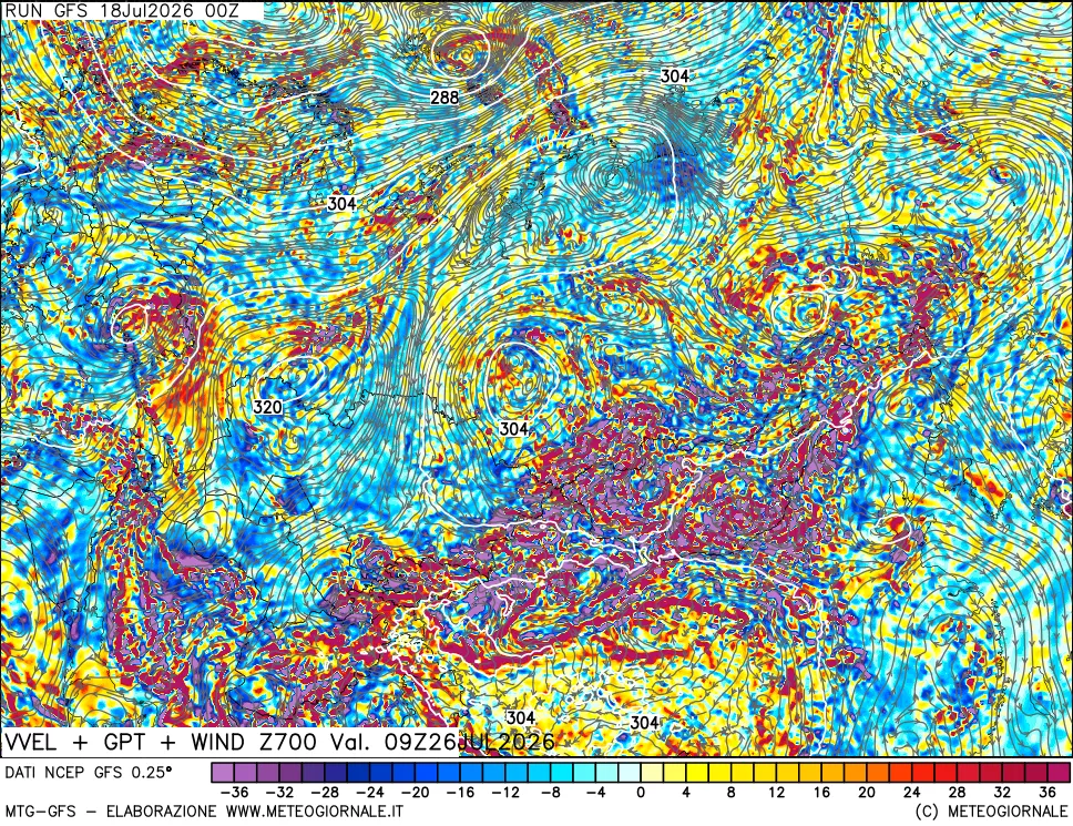 mappa 700 hPa Velocità verticiali + GPT + Vento