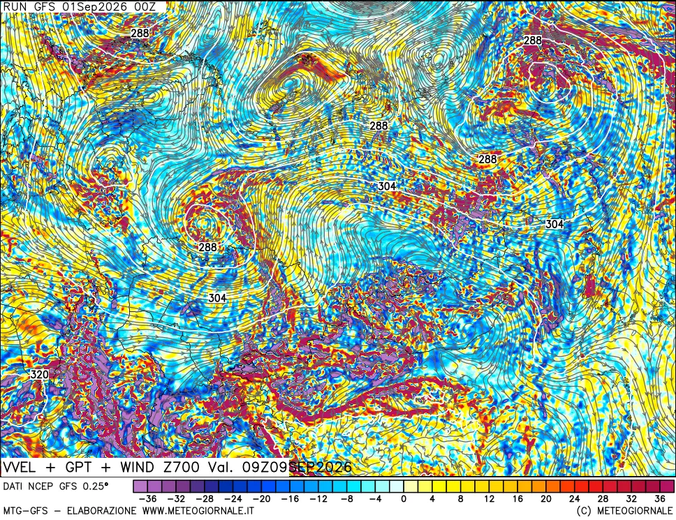mappa 700 hPa Velocità verticiali + GPT + Vento