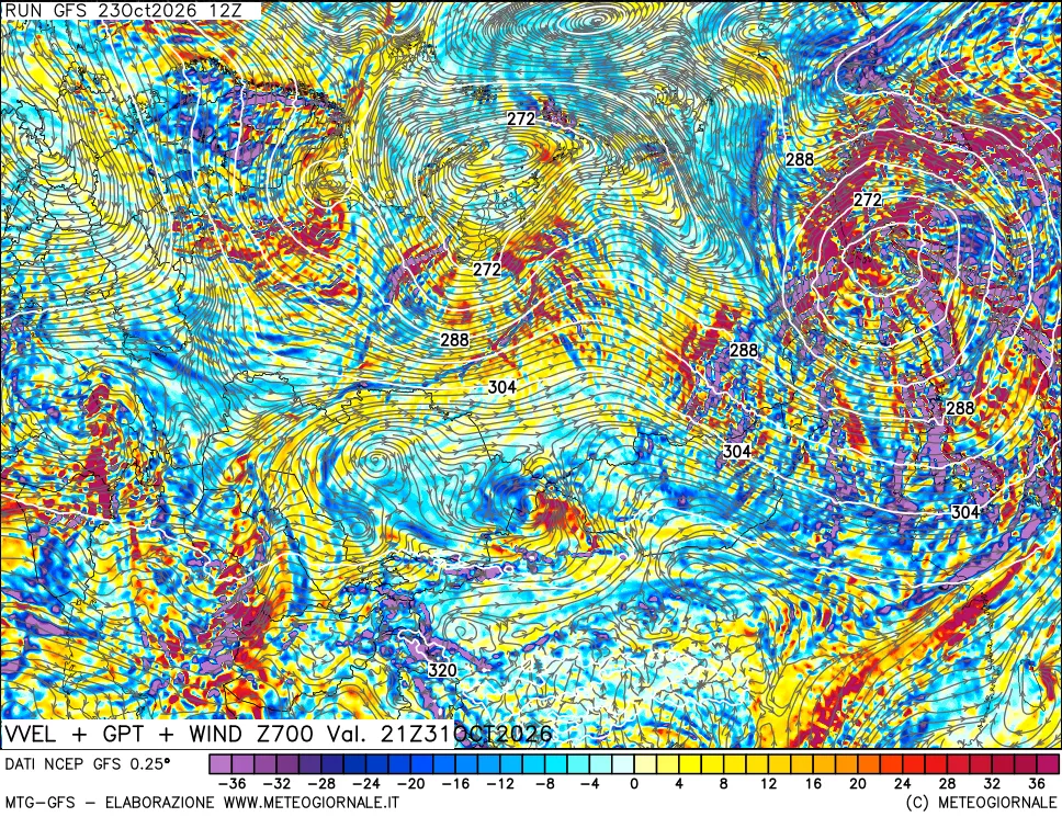 mappa 700 hPa Velocità verticiali + GPT + Vento