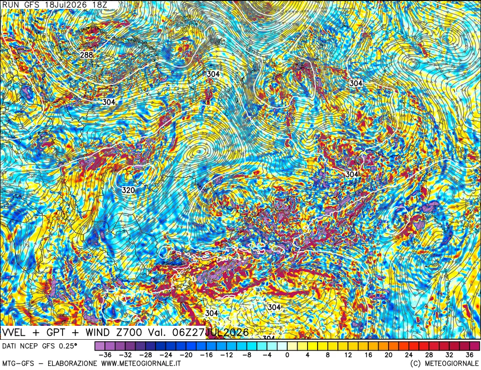 mappa 700 hPa Velocità verticiali + GPT + Vento