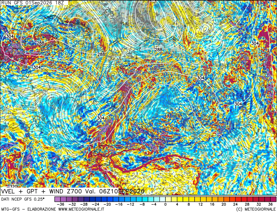 mappa 700 hPa Velocità verticiali + GPT + Vento