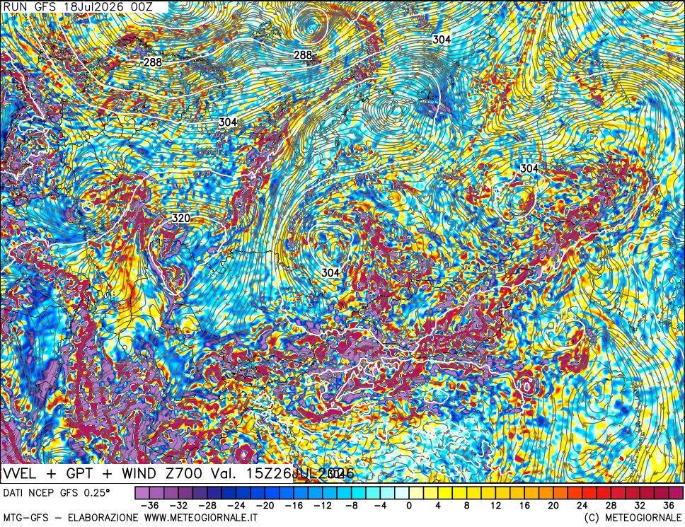 mappa 700 hPa Velocità verticiali + GPT + Vento