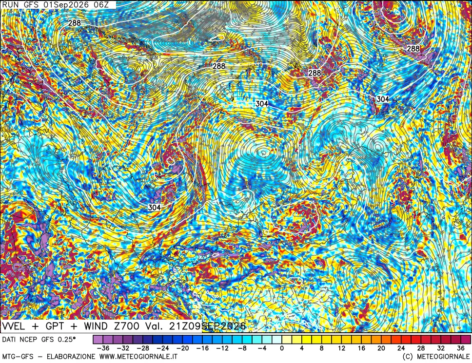 mappa 700 hPa Velocità verticiali + GPT + Vento