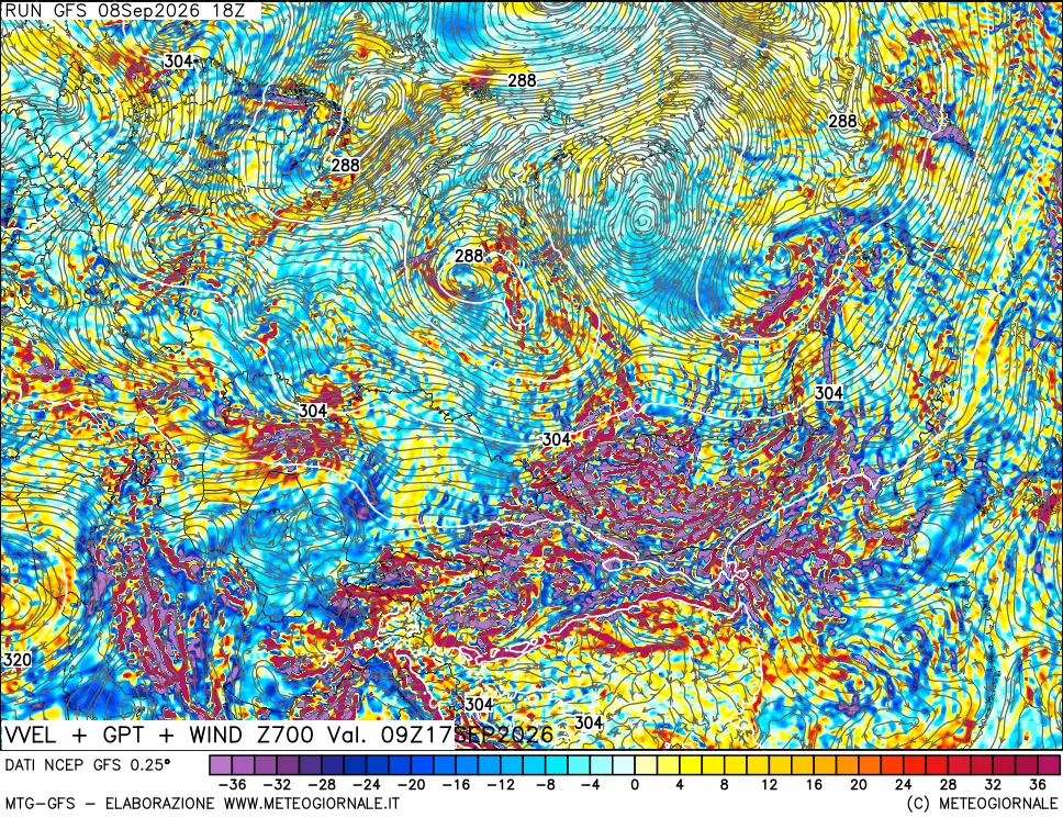 mappa 700 hPa Velocità verticiali + GPT + Vento