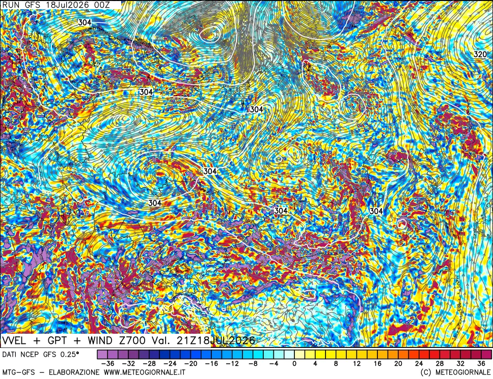 mappa 700 hPa Velocità verticiali + GPT + Vento