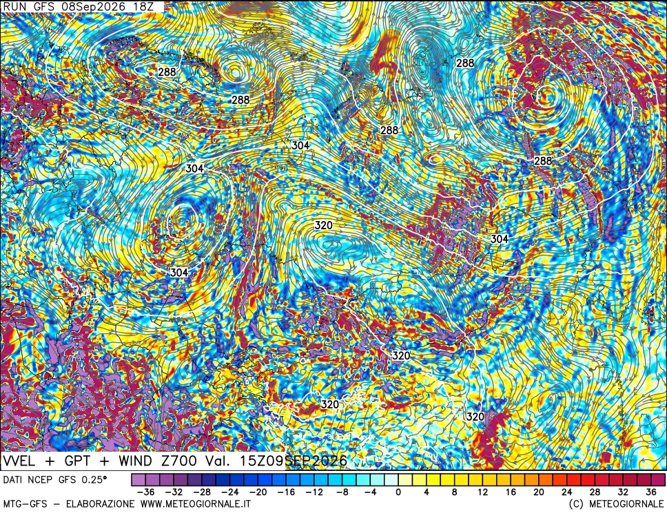 mappa 700 hPa Velocità verticiali + GPT + Vento