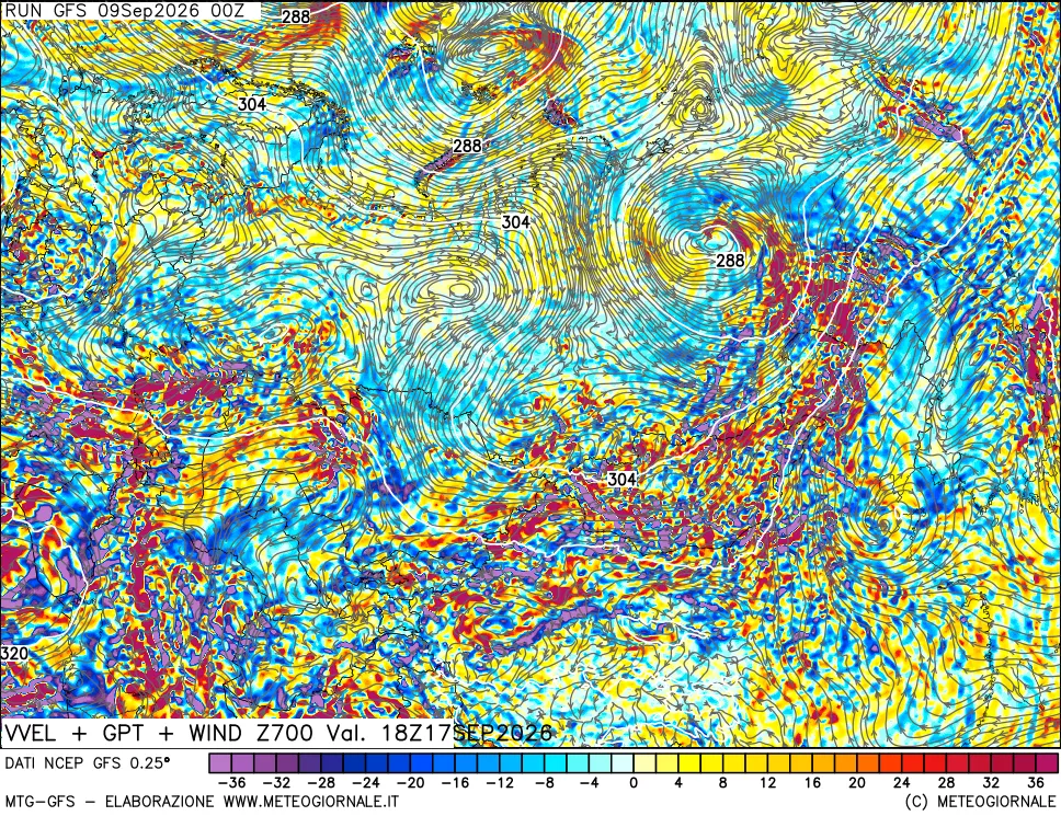mappa 700 hPa Velocità verticiali + GPT + Vento