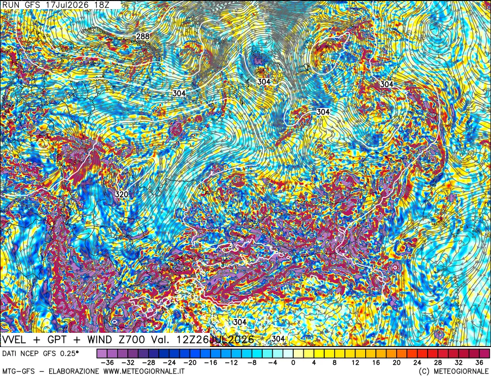 mappa 700 hPa Velocità verticiali + GPT + Vento
