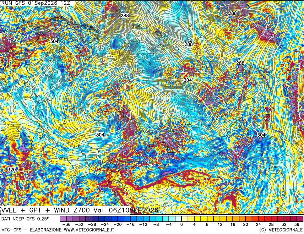 mappa 700 hPa Velocità verticiali + GPT + Vento