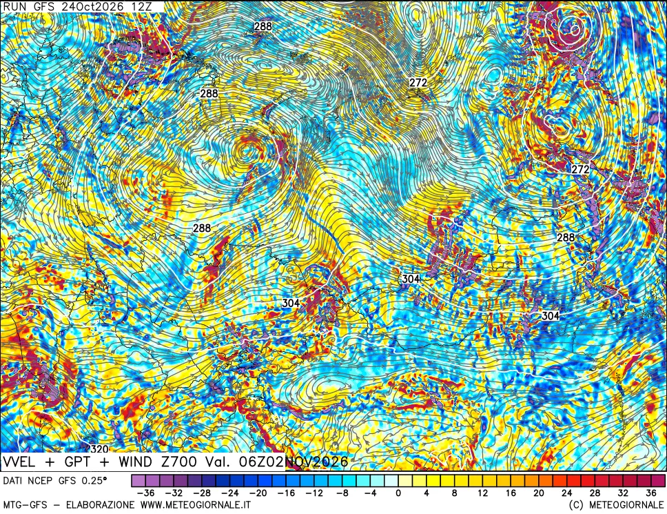 mappa 700 hPa Velocità verticiali + GPT + Vento