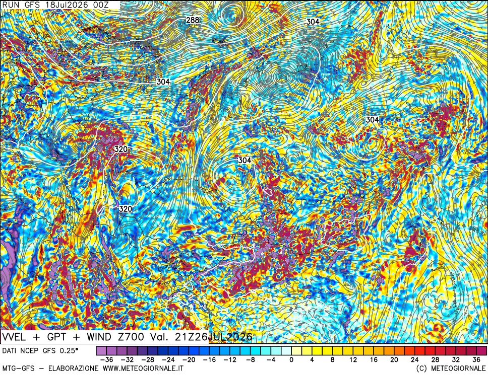 mappa 700 hPa Velocità verticiali + GPT + Vento