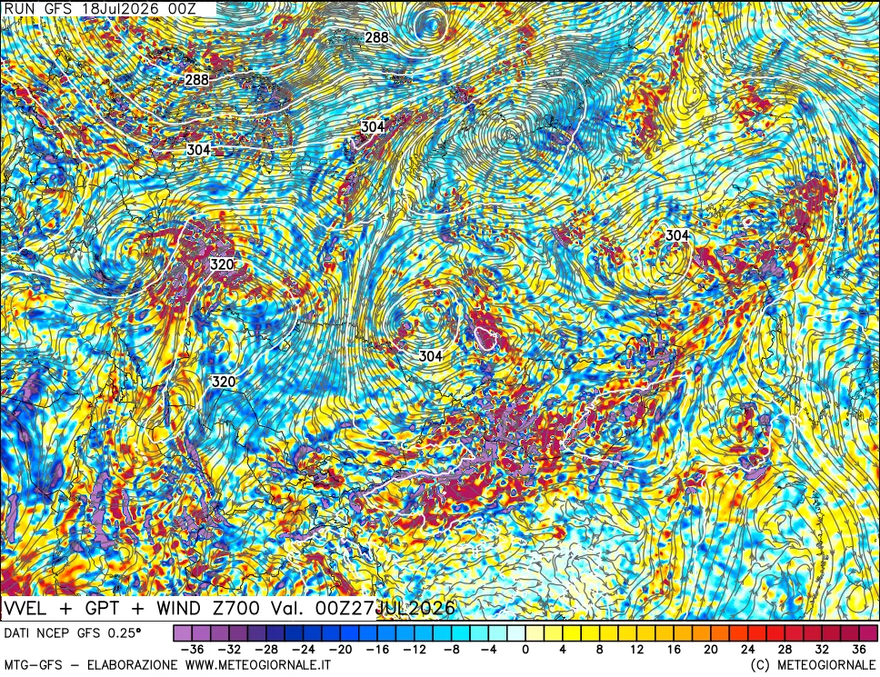 mappa 700 hPa Velocità verticiali + GPT + Vento