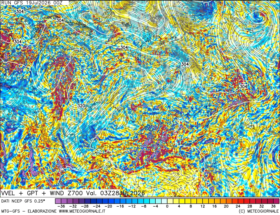 mappa 700 hPa Velocità verticiali + GPT + Vento