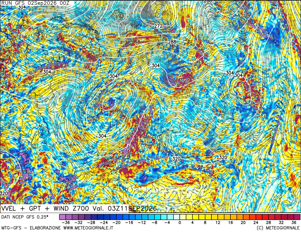 mappa 700 hPa Velocità verticiali + GPT + Vento