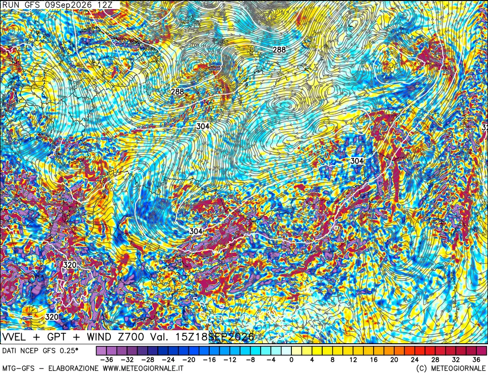 mappa 700 hPa Velocità verticiali + GPT + Vento