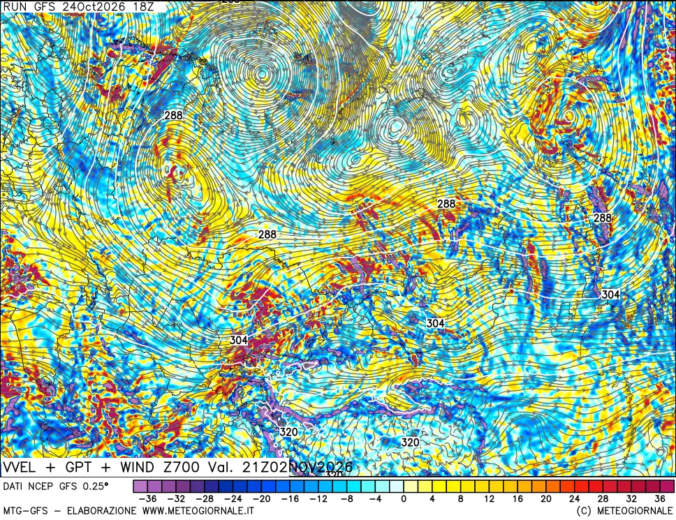 mappa 700 hPa Velocità verticiali + GPT + Vento