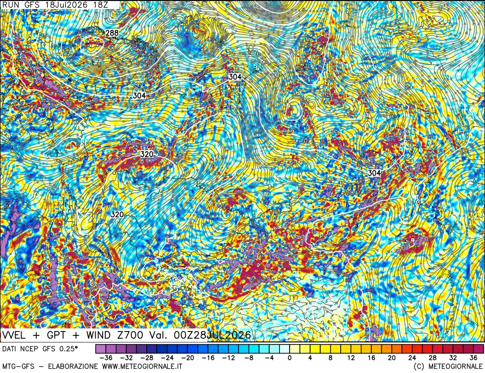 mappa 700 hPa Velocità verticiali + GPT + Vento