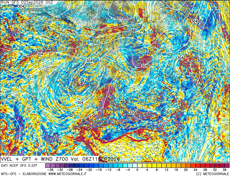 mappa 700 hPa Velocità verticiali + GPT + Vento