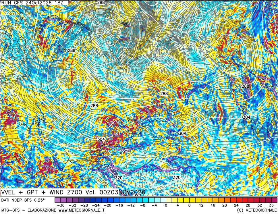mappa 700 hPa Velocità verticiali + GPT + Vento